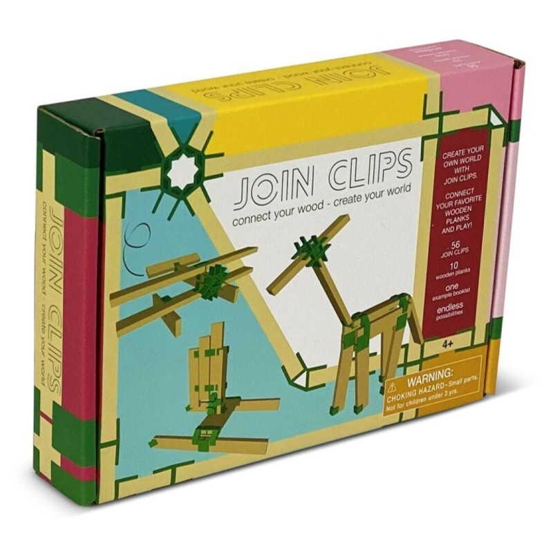 Caja de Join Clips Set básico con piezas de madera y conectores verdes formando una jirafa y un avión sobre fondo colorido.