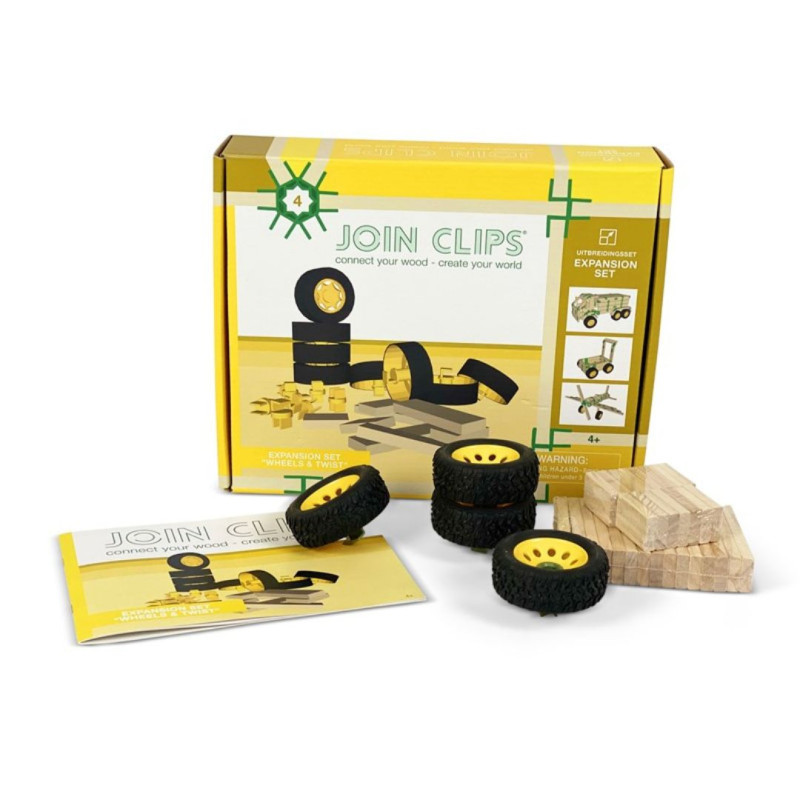 Caja amarilla de Join Clips con ruedas negras de centro amarillo y tablillas de madera natural para construir.
