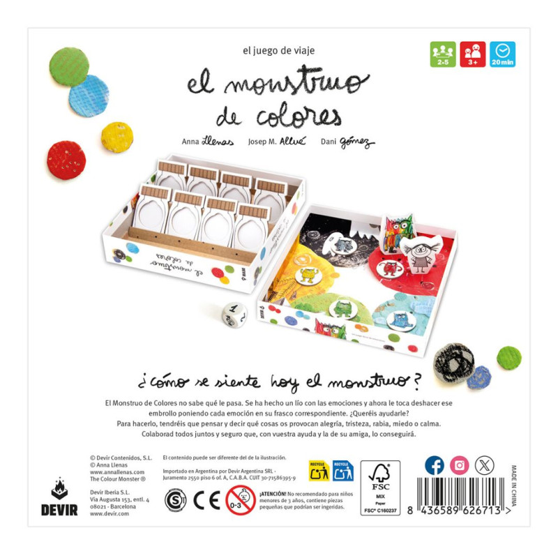 Caja blanca del juego El Monstruo de Colores con tablero colorido, fichas de cartón y botes para clasificar emociones.