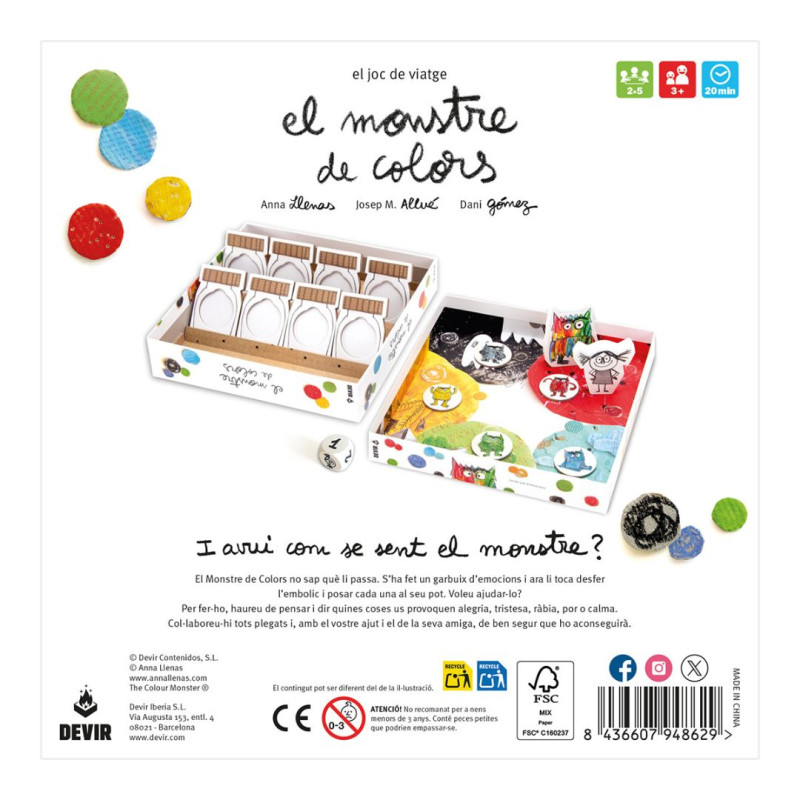 Caixa del joc El Monstre de Colors versió viatge en català amb fitxes de colors, targetes i dibuixos del monstre.