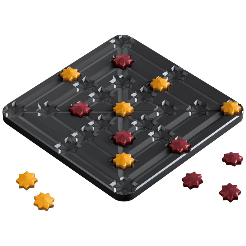 Juego Qomet Classic con tablero cuadrado de plástico negro y piezas en forma de estrella amarillas y granates.