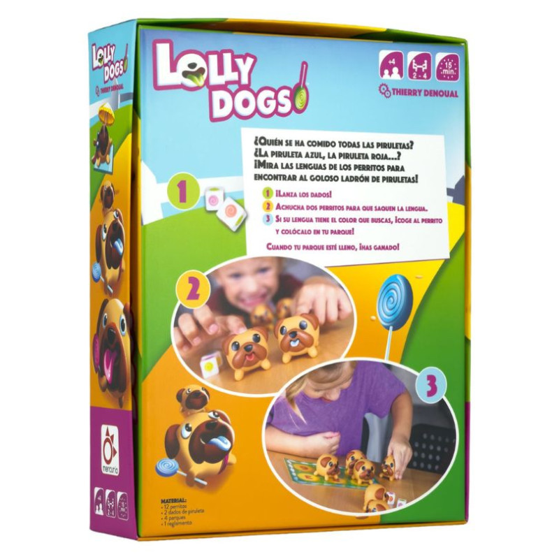 Juego infantil Lolly Dogs de Mercurio: perritos de colores y piruletas para observación y búsqueda.