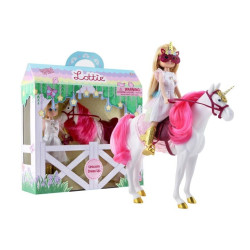 Muñeca Lottie con unicornio blanco, vestido arcoíris, silla rosa y accesorios de juguete para niños.