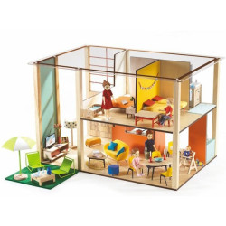 Caseta de nines Cubic House de fusta clara amb disseny cúbic, dos nivells, parets transparents i mobiliari en miniatura.