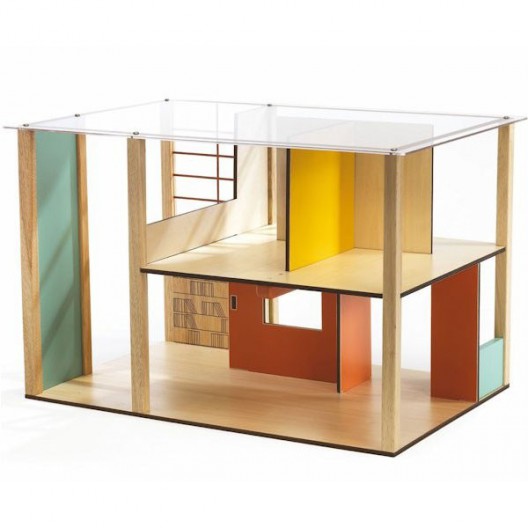 Cubic House: caseta de nines de fusta amb dos nivells, disseny cúbic modern i parets en colors groc i vermell.